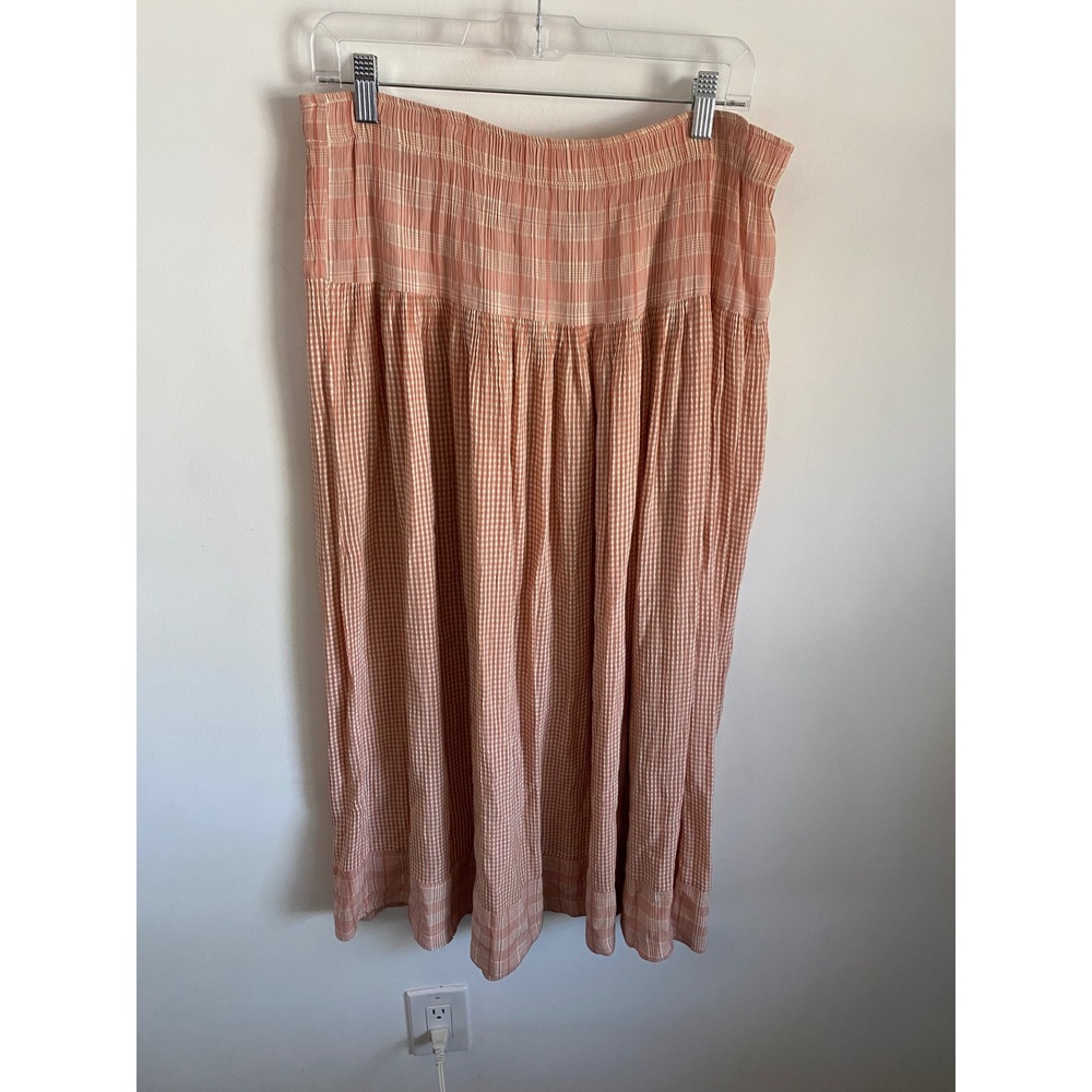 Societe Womens Gingham Plaid Midi Skirt Terracotta Peach Rayon Boho Size L